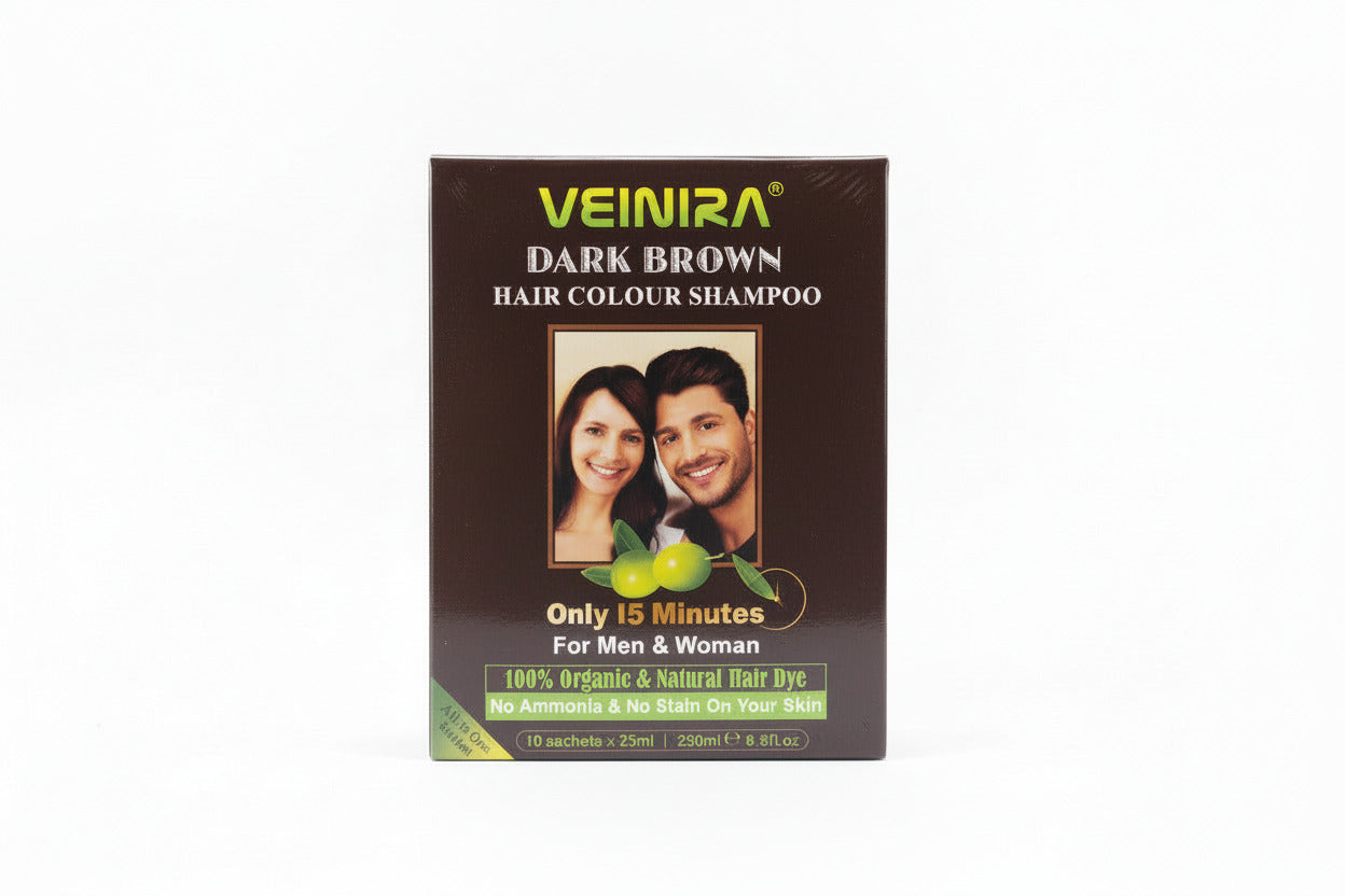 Veinira Dark Brown Hair Colour Shampoo packaging on a wooden surface