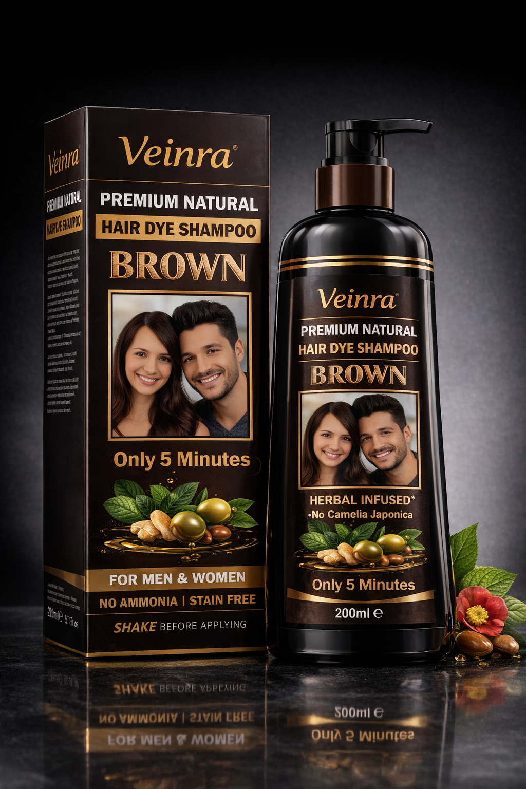 Veinira Hair Colour Shampoo 200ml | Black, Brown & Dark Brown | Instant Grey Coverage