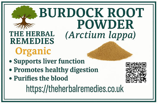 Burdock root powder packaging with text about benefits and a QR code.