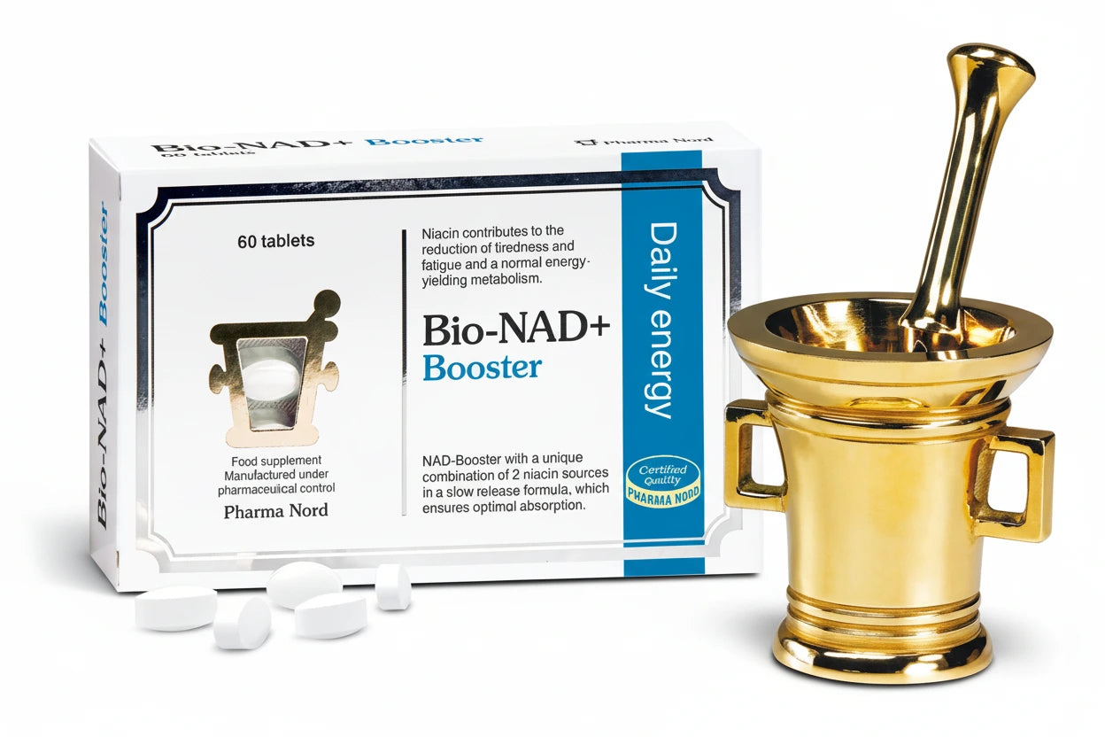 Bio-NAD+ Booster supplement packaging with a gold mortar and pestle on a white background