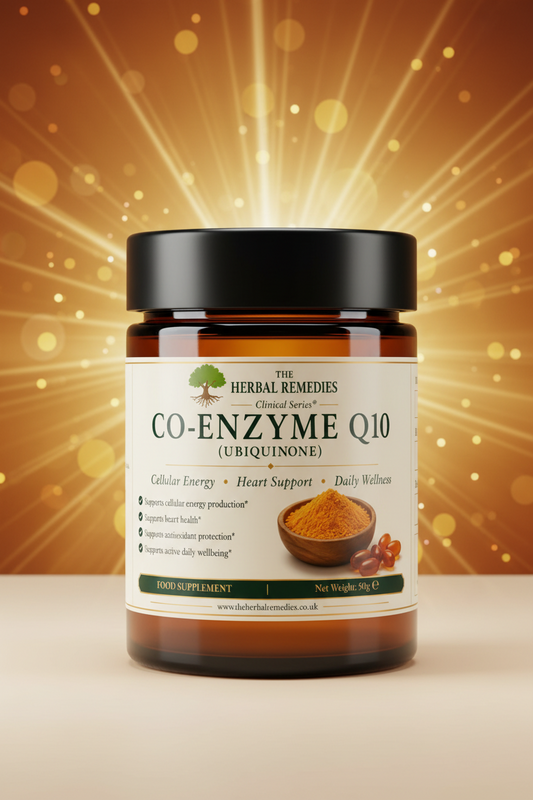A bottle of The Herbal Remedies Co-Enzyme Q10 (Ubiquinone) dietary supplement, featuring a black cap and cream label with green and black text, set against a glowing golden background with light rays.