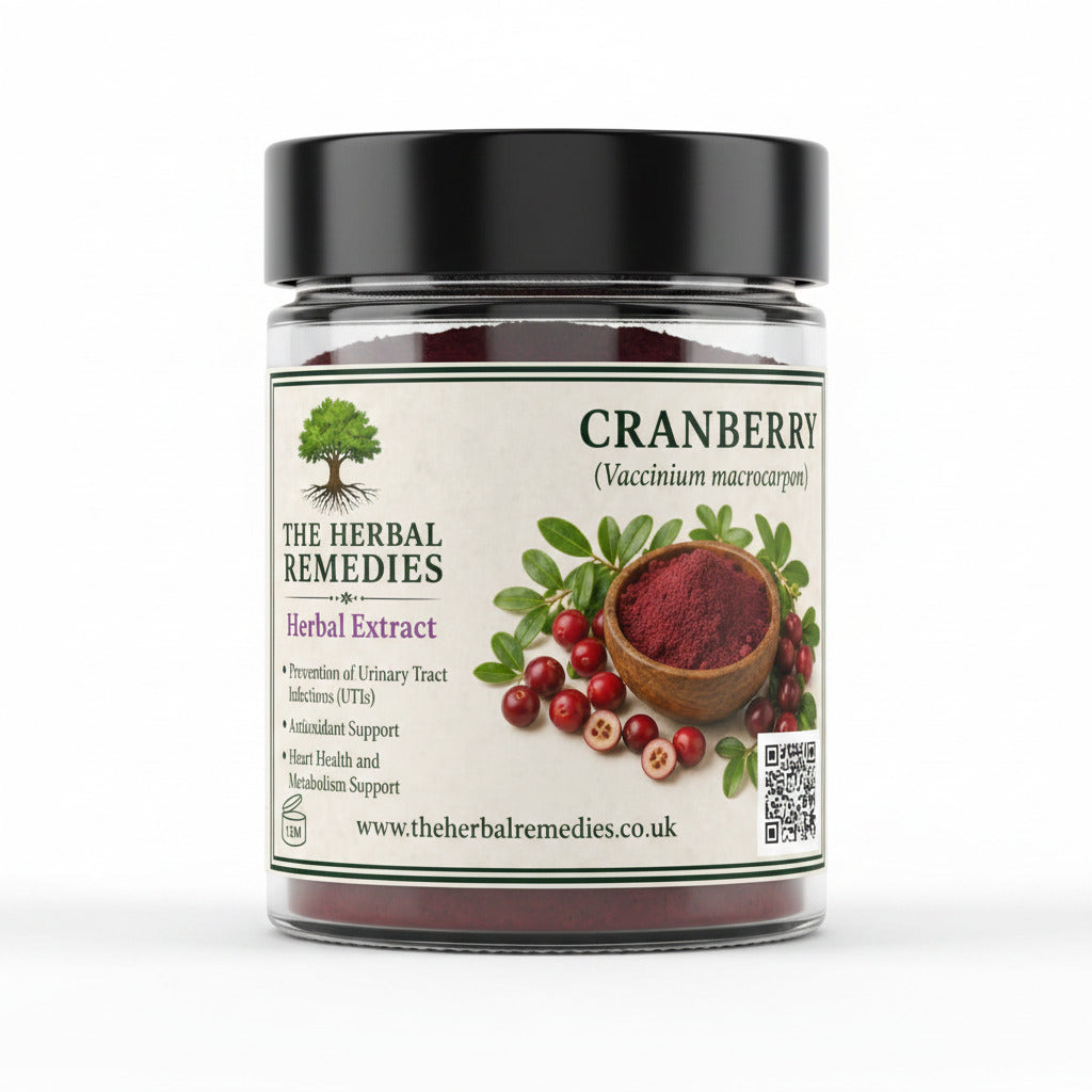 Advertisement for cranberry herbal remedy with berries and leaves on a beige background.