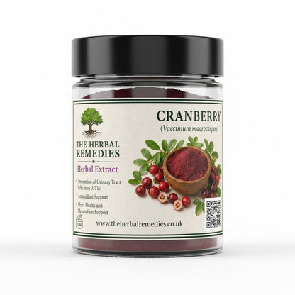 Advertisement for cranberry herbal remedy with berries and leaves on a beige background.