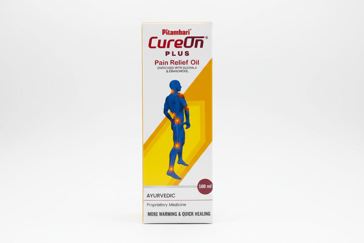 Box of Pitambari CureOn Plus Pain Relief Oil with a person showing pain points on a yellow and white background.