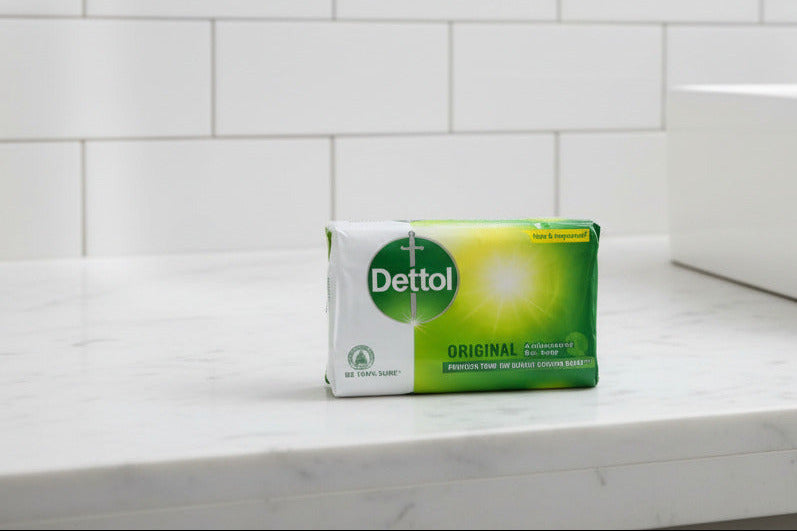 Dettol Original Antibacterial Bar Soap packaging on a gray background