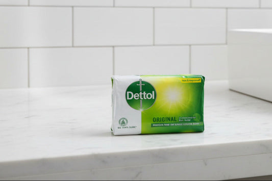 Dettol Original Antibacterial Bar Soap packaging on a gray background