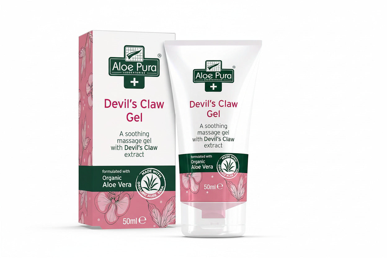 Aloe Pura Devil's Claw Gel packaging and tube on a white background