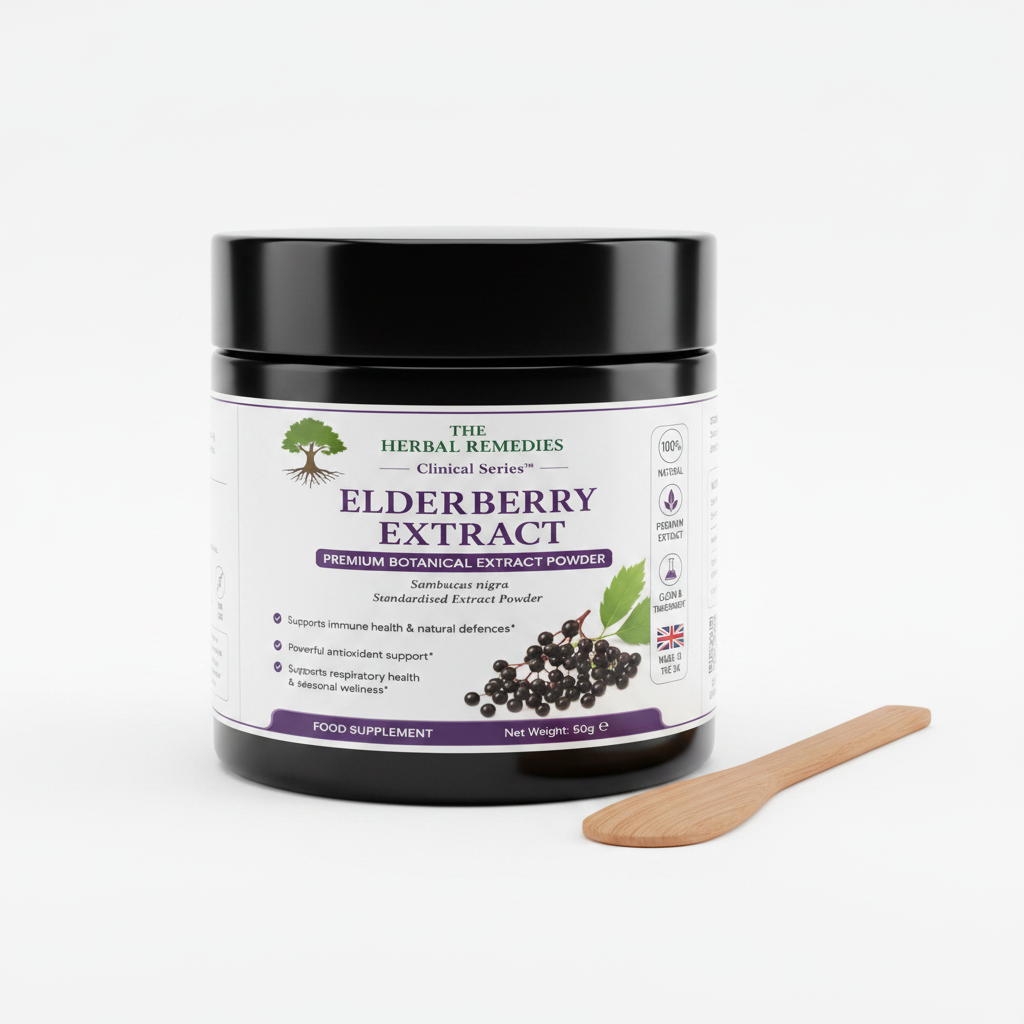 Label of Elderberry Extract powder with branding and product details.
