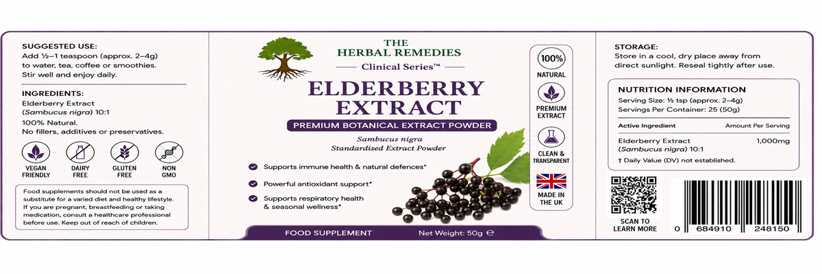 Label of Elderberry Extract powder with branding and product details.