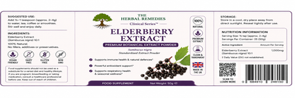 Label of Elderberry Extract powder with branding and product details.