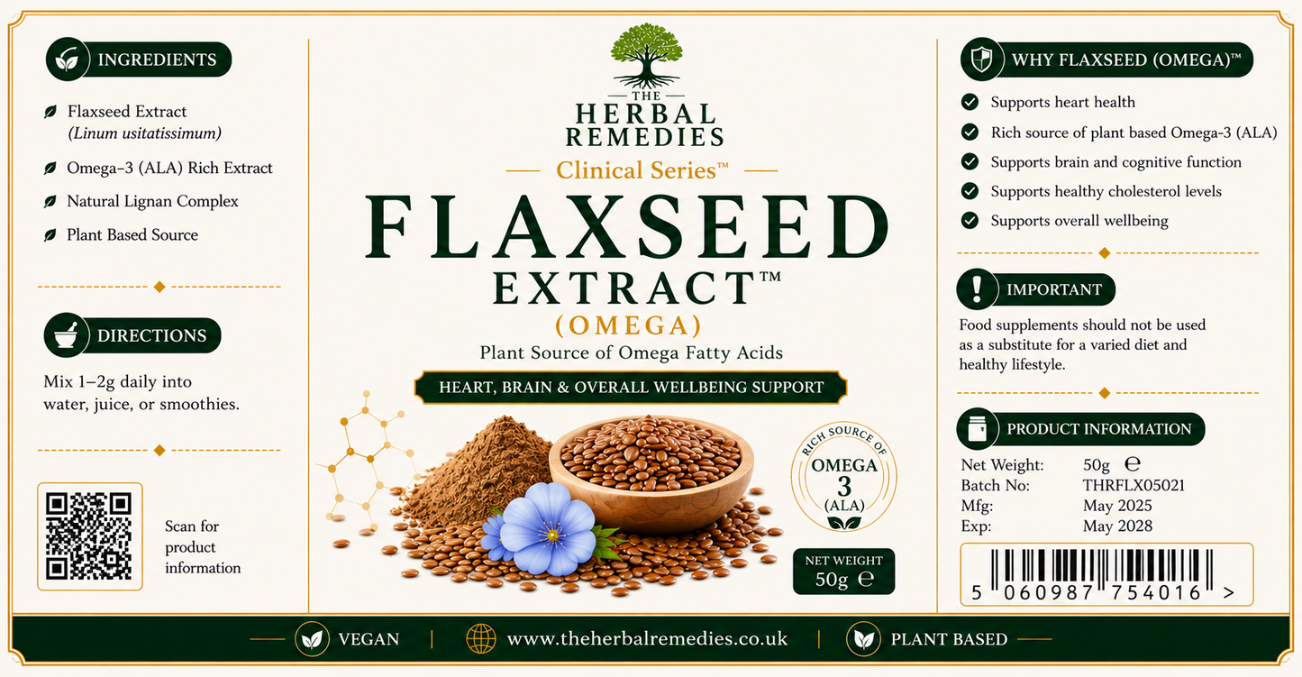 Herbal Remedies Flaxseed Extract label with text and images of flaxseeds and a blue flower.