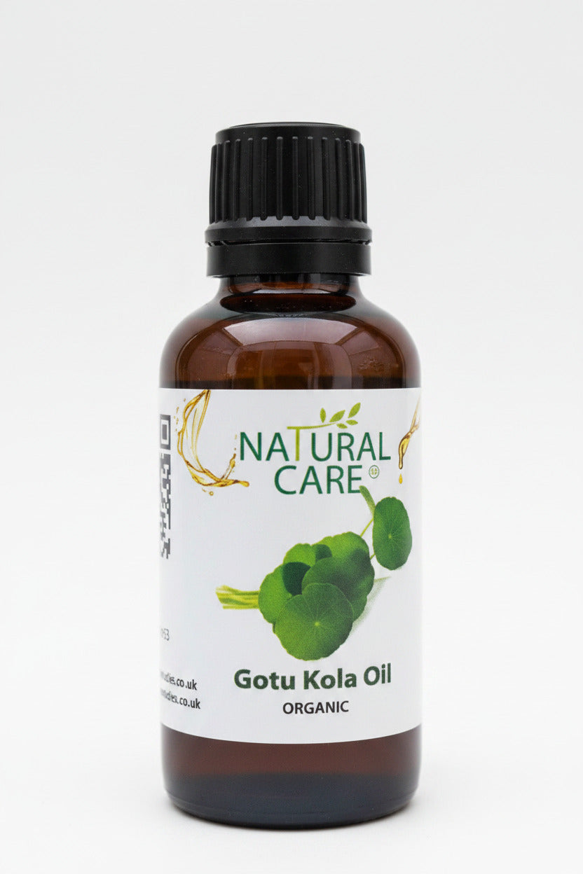 Bottle of Gotu Kola Oil with 'Natural Care' label on a white background