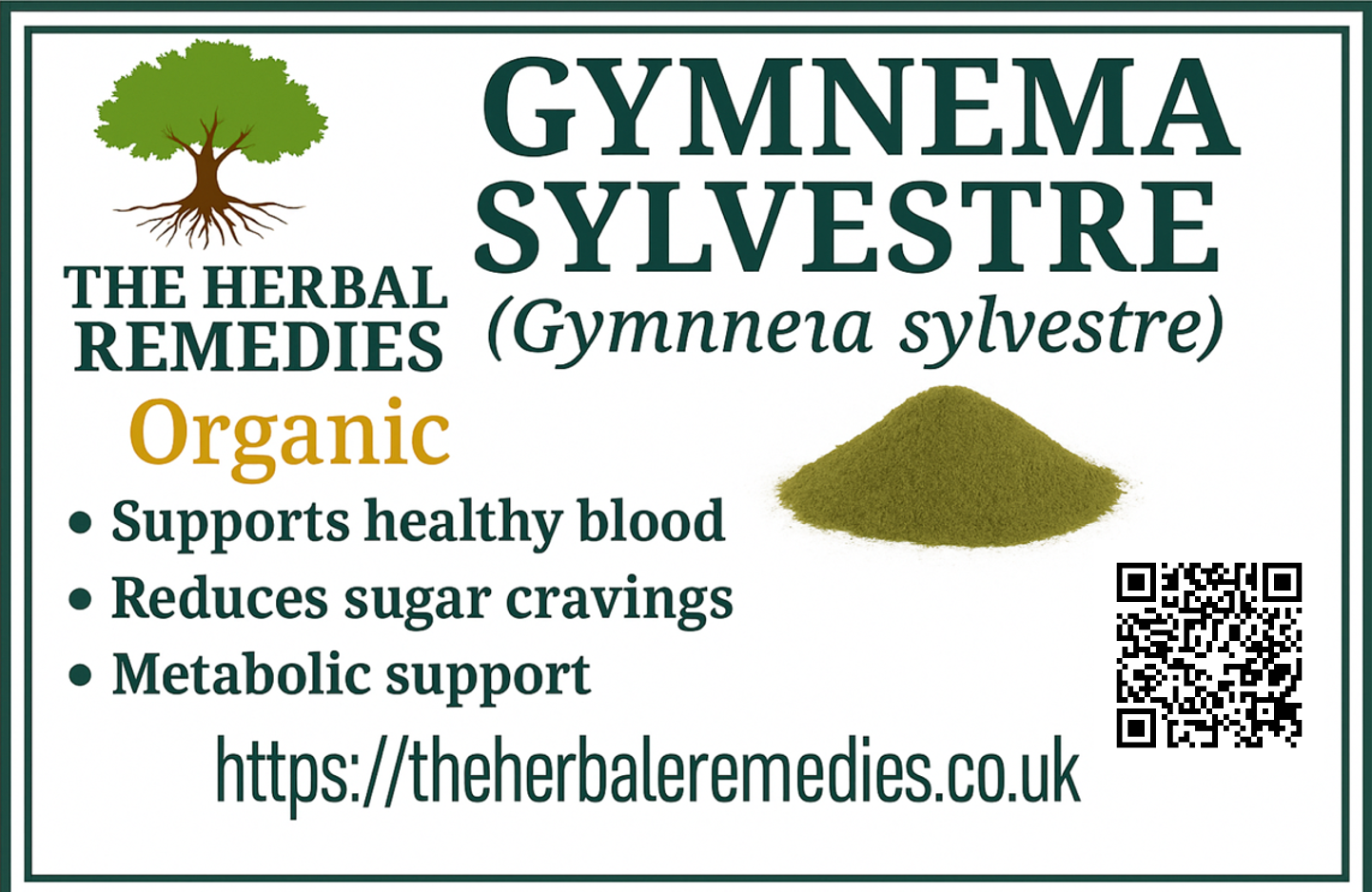 Gymnema Sylvestre product label with text and QR code on a white background