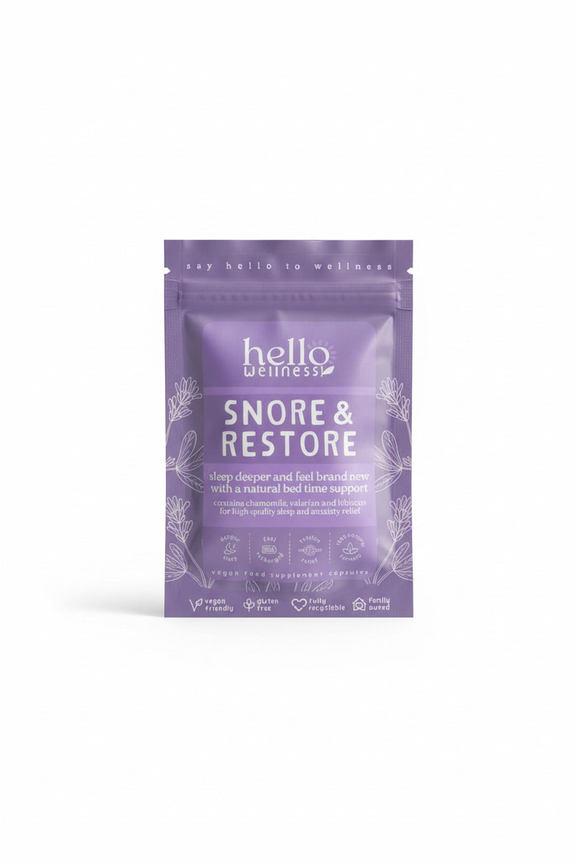 Purple package of 'hello wellness' Snore & Restore supplement on a white background