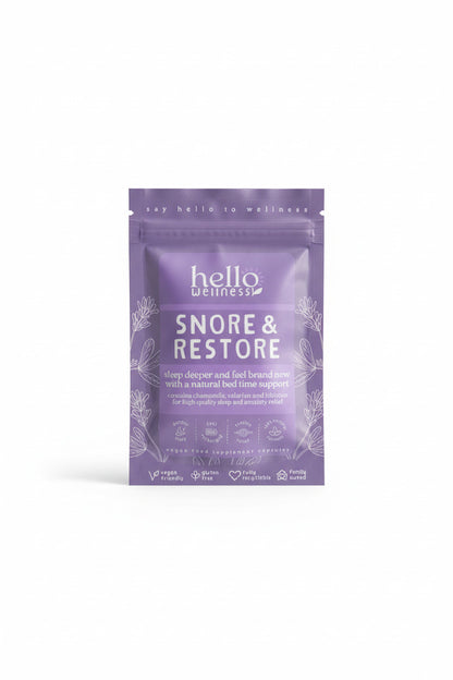 Purple package of 'hello wellness' Snore & Restore supplement on a white background