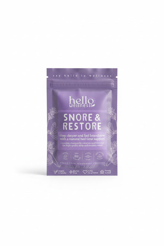 Purple package of 'hello wellness' Snore & Restore supplement on a white background
