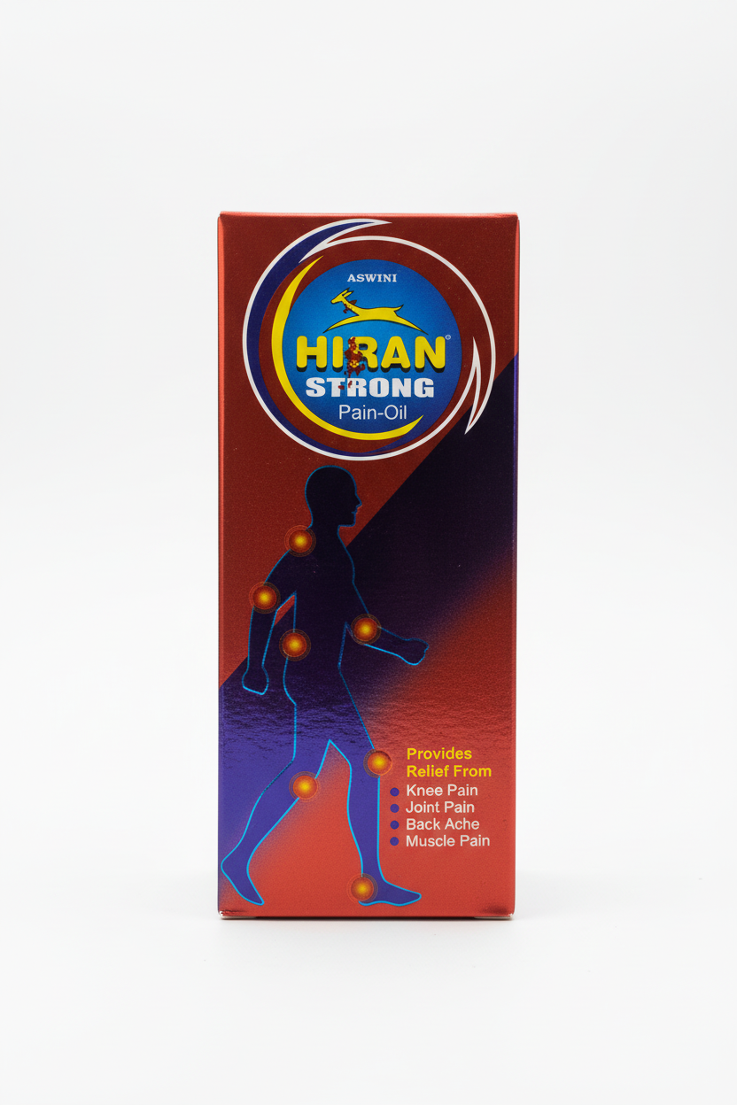 Box of Hiran Strong Pain Oil with a silhouette of a person and pain relief icons on a red background.