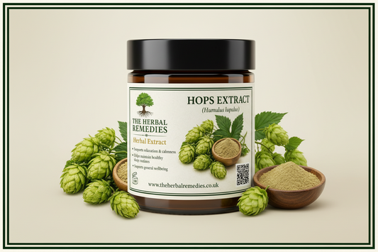 Advertisement for Hops Extract from The Herbal Remedies with hop plants and a wooden bowl of powder.