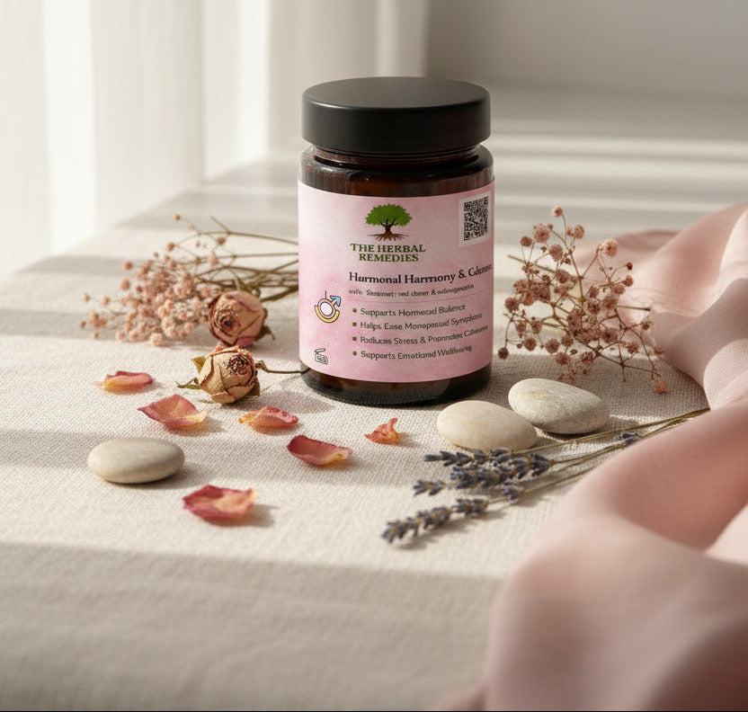 Advertisement for Herbal Remedies with a pink background, tree logo, and QR code.