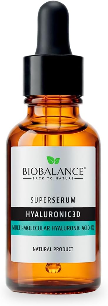 A bottle of Biobalance Superserum Hyaluronic3D multi-molecular hyaluronic acid 7% natural product in an amber glass dropper bottle with a black cap and white label.