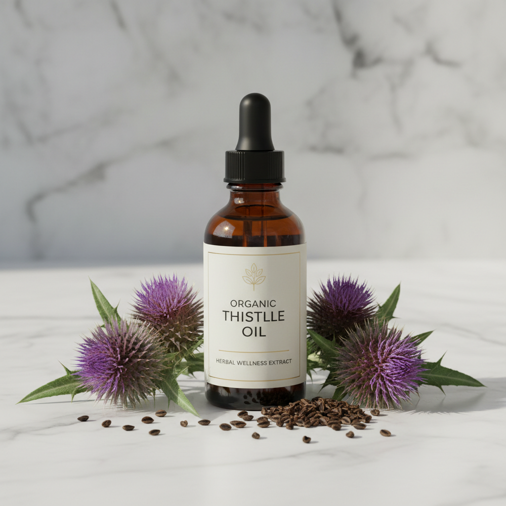 Organic Milk Thistle Oil in amber dropper bottle with milk thistle flowers