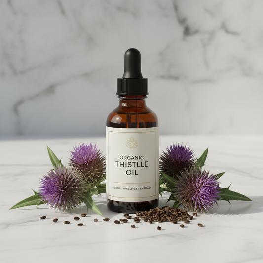 Organic Milk Thistle Oil in amber dropper bottle with milk thistle flowers