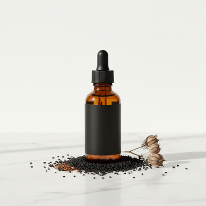 Premium cold-pressed Black Seed Oil in dark amber dropper bottle on white marble with nigella sativa seeds