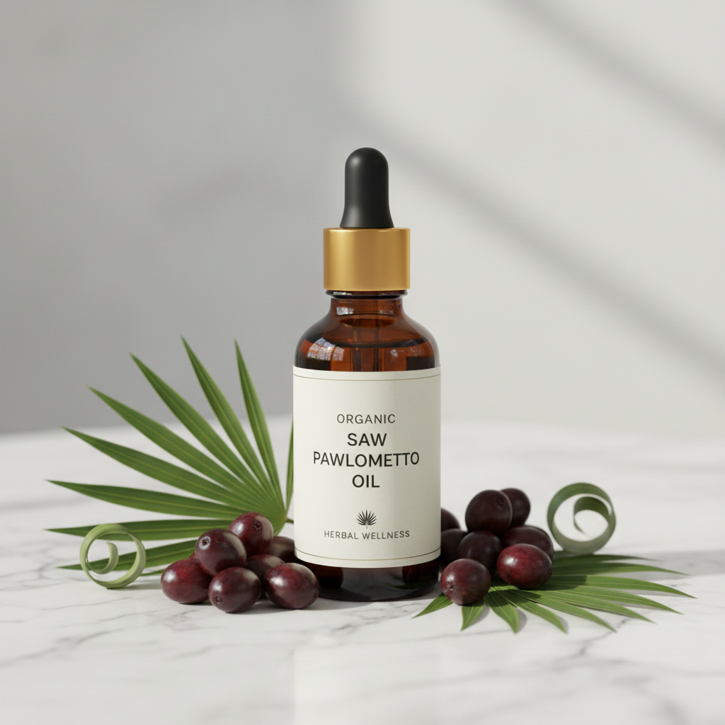Organic Saw Palmetto Oil in amber dropper bottle with saw palmetto berries and palm fronds