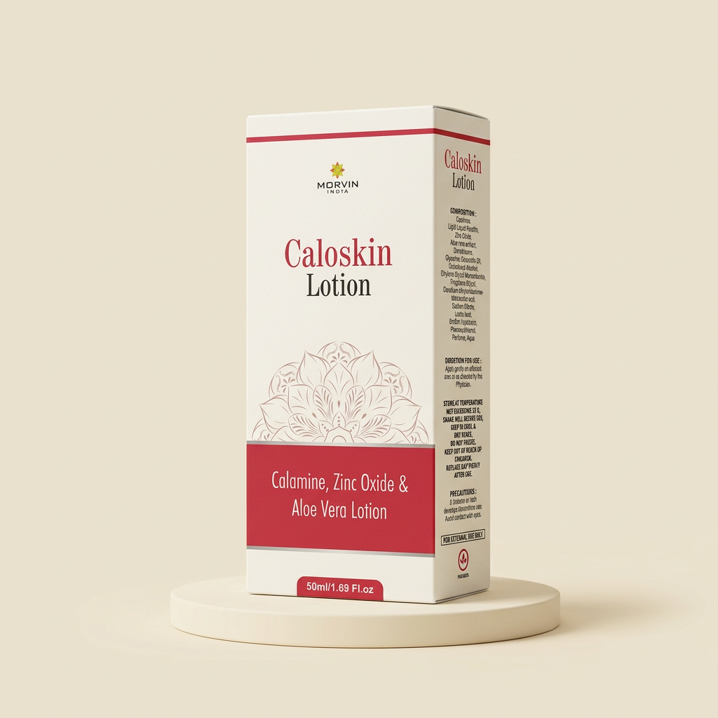 Caloskin Lotion 50ml carton in an ivory studio setting