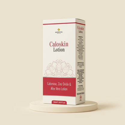 Caloskin Lotion 50ml carton in an ivory studio setting