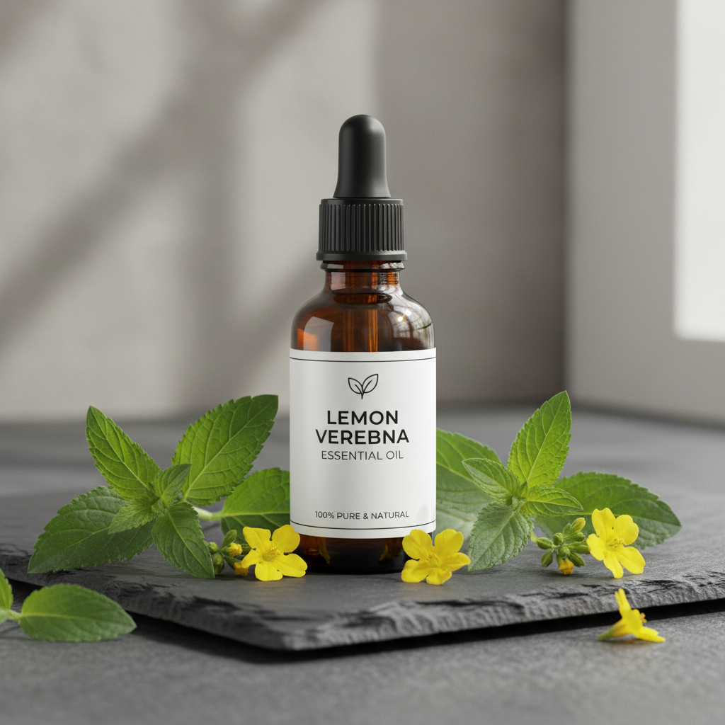 Verbena Essential Oil amber dropper bottle with fresh lemon verbena leaves and yellow flowers