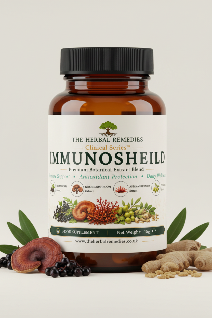 The front and back labels of Herbal Remedies Clinical Series Immunosiltein 15g supplement powder, showing ingredients, usage instructions, storage, and nutrition information.