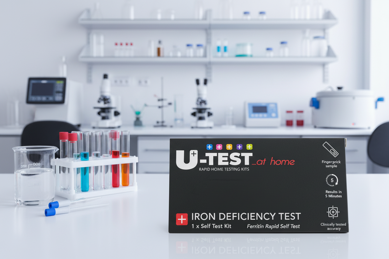 U-TEST iron deficiency test kit packaging on a wooden surface