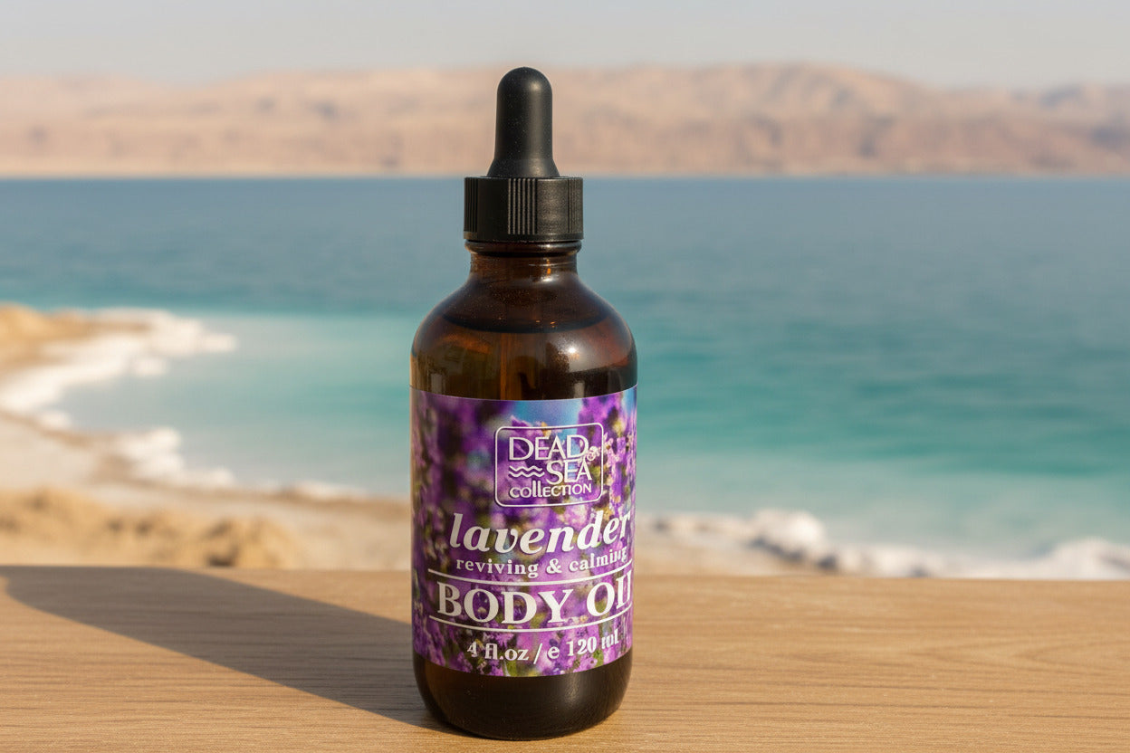 Bottle of lavender body oil on a wooden surface