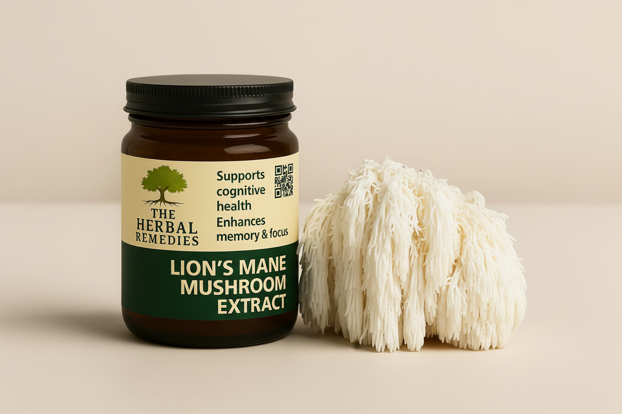 Jar of Lion's Mane Mushroom Extract from The Herbal Remedies on a beige background
