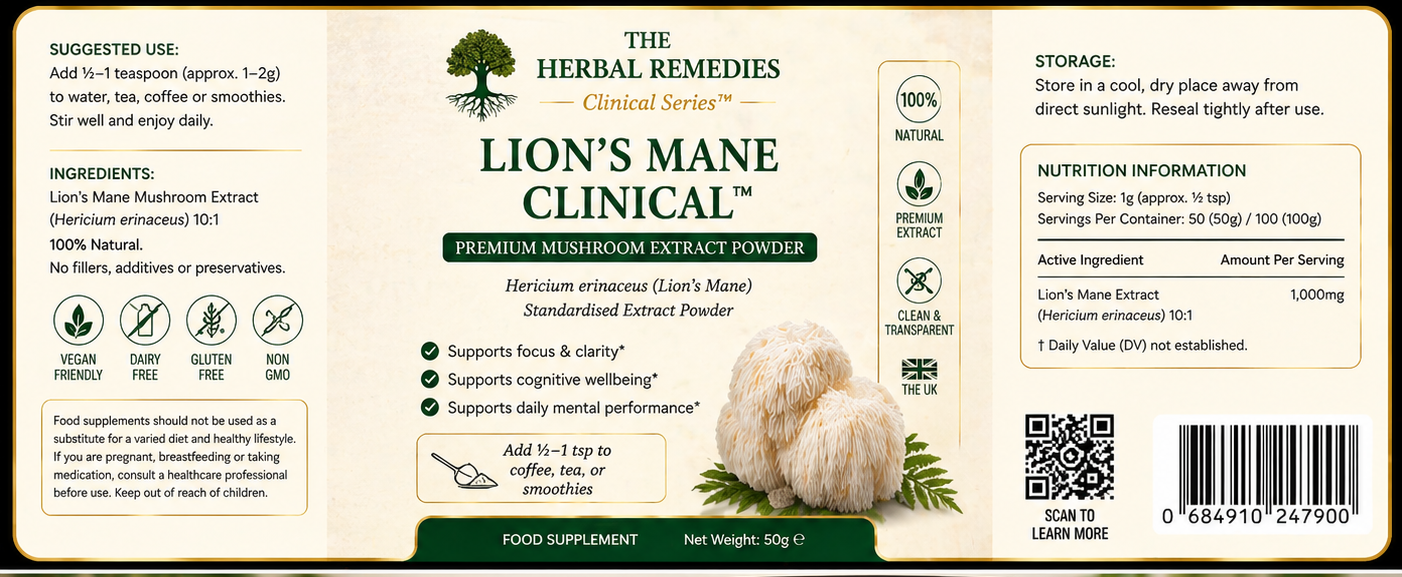 Herbal Remedies Lion's Mane Clinical supplement packaging with mushrooms and powder on a wooden surface.
