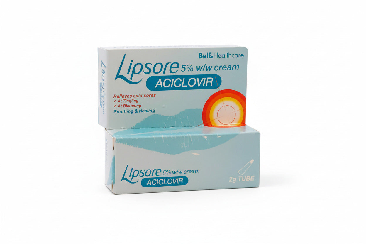 Lipsore Aciclovir cream packaging with a tube illustration on a light blue background