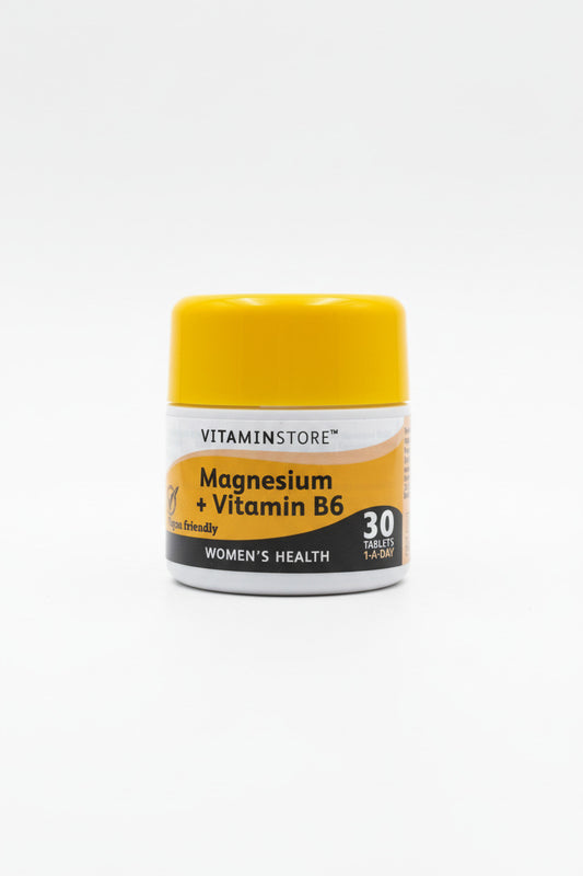 Vitamin container labeled 'Vitaminstore' with magnesium and vitamin B6 on a neutral background