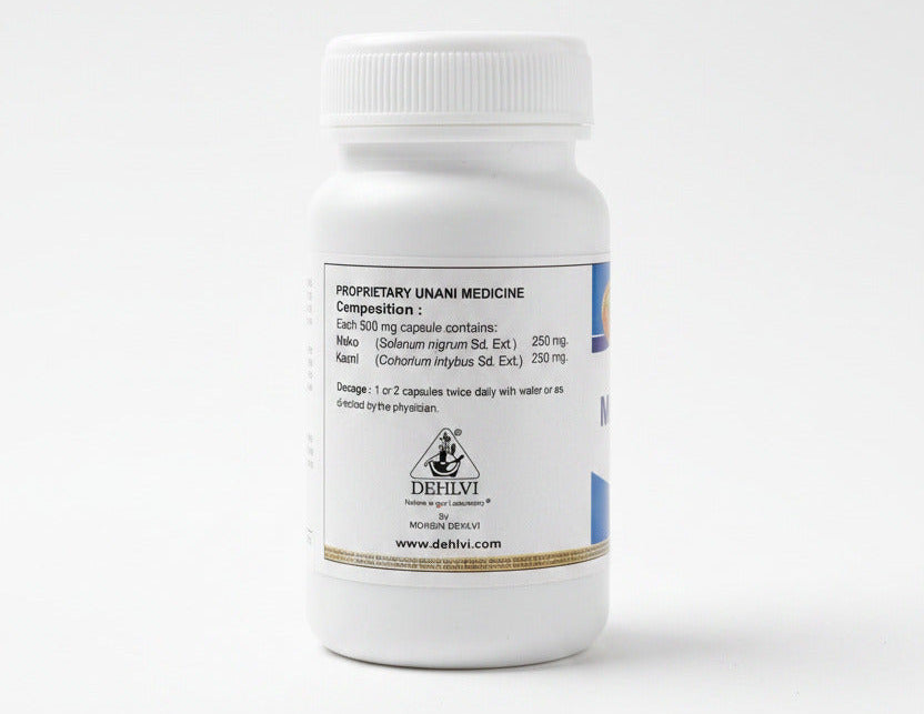 A white plastic bottle of Dehlvi Unani Medicine with a white cap, resting on a wooden surface. The label contains black text detailing the composition and dosage of the medicine, along with the Dehlvi brand logo.