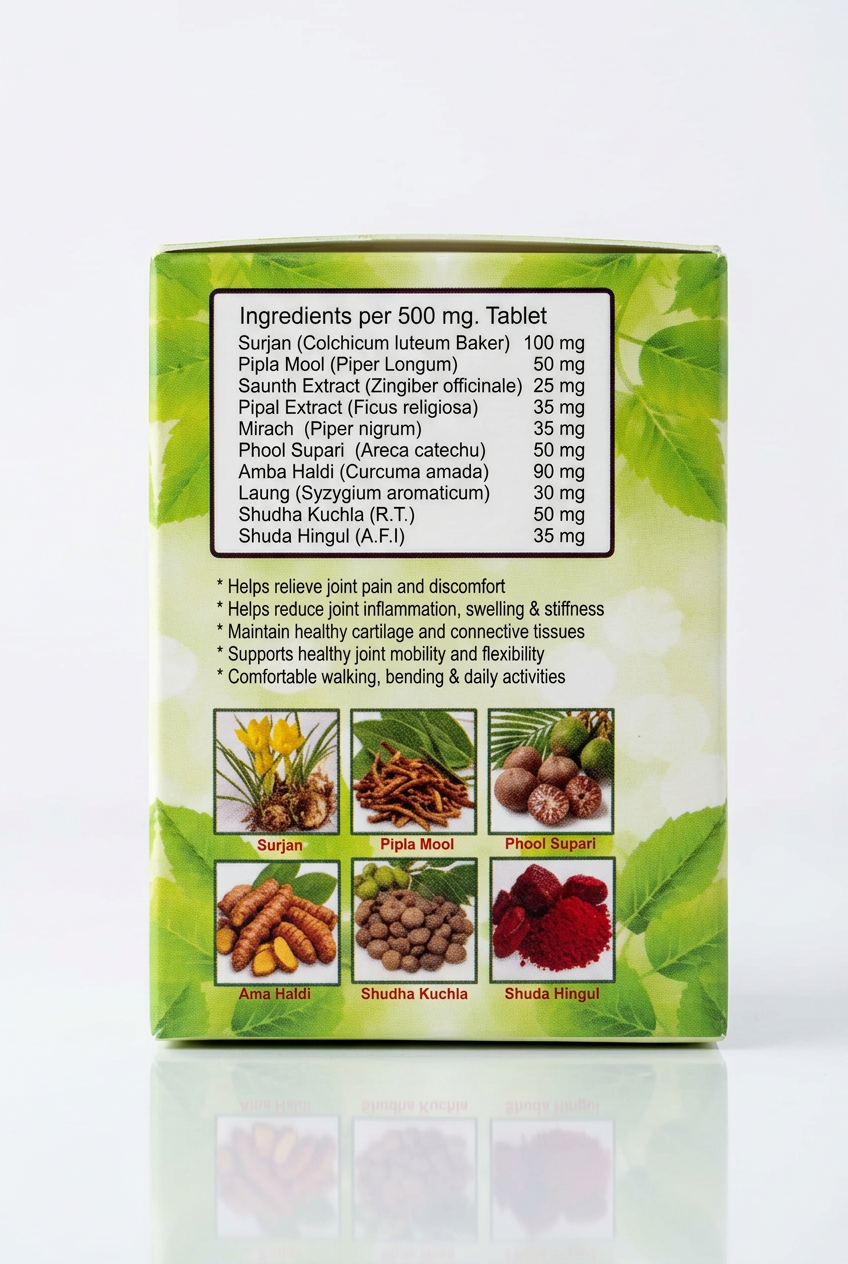 A box of herbal supplement powder, showing the back panel with ingredient photos (turmeric, ginger, fenugreek, red palm kernel) and a list of ingredients in English, photographed on a wooden floor.
