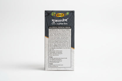 Muktajam Ayurvedic Syrup 450ml by Vyas Ayurveda - ingredient label showing Shatavari, Amla, Giloy and key botanicals