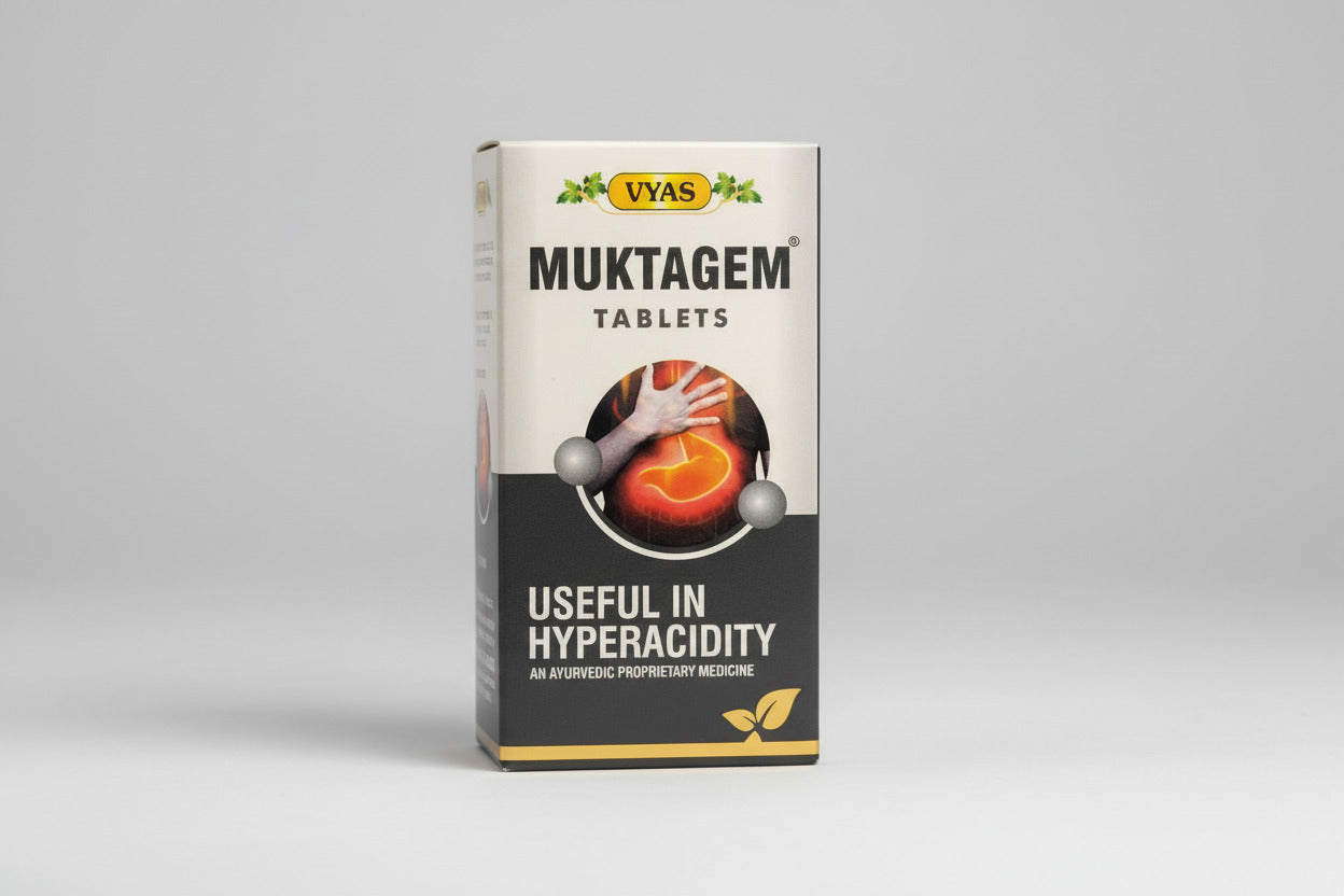 Box of Vyas Muktagem Tablets with a blue sky background