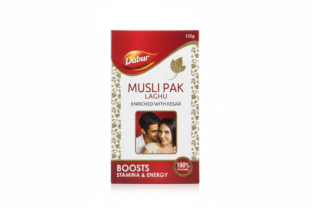 Packaging of Dabur Musli Pak, a supplement that is enriched with kesar and claimed to boost stamina and energy, showing an image of a couple and the product name.