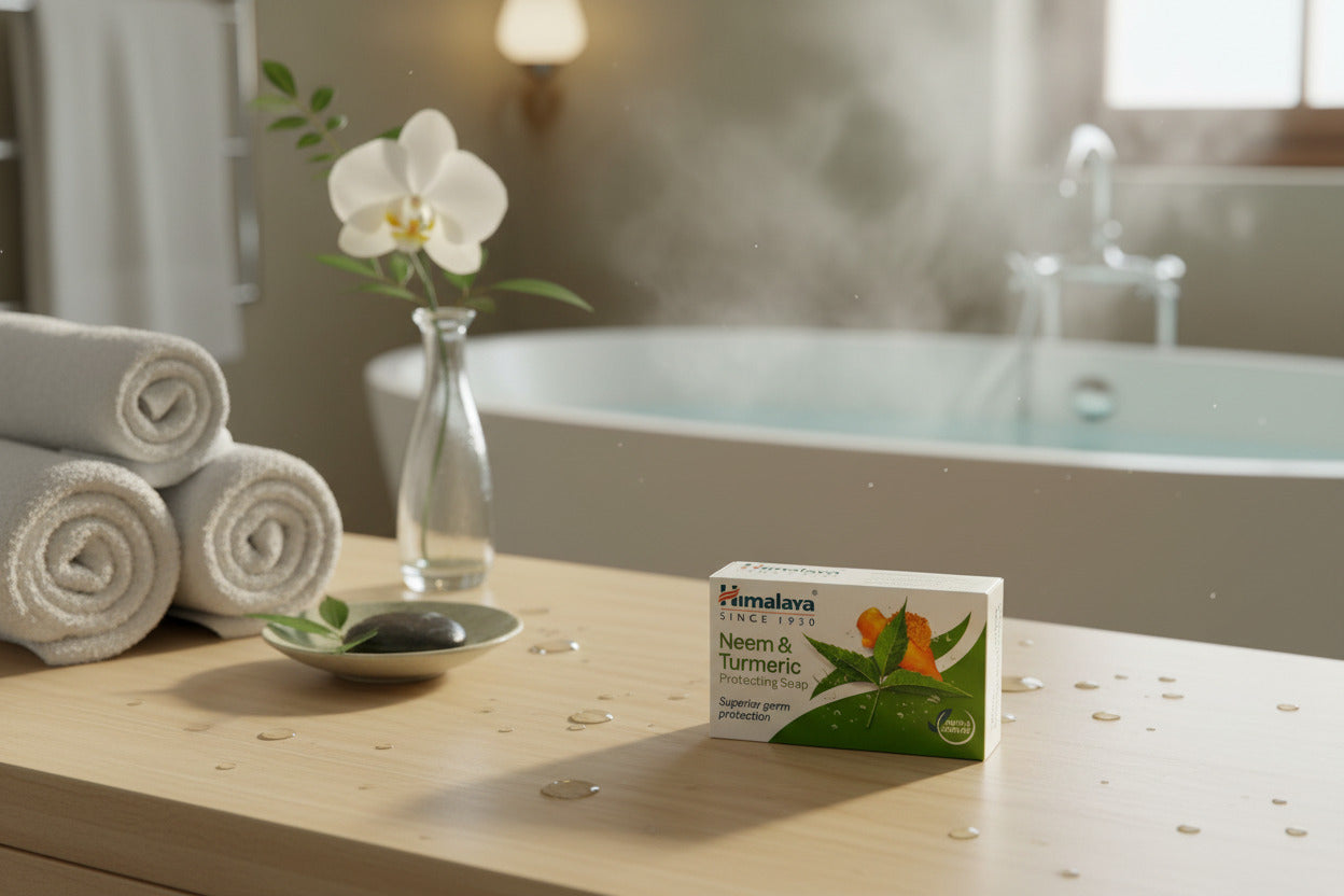 Himalaya Neem & Turmeric soap packaging on a light background