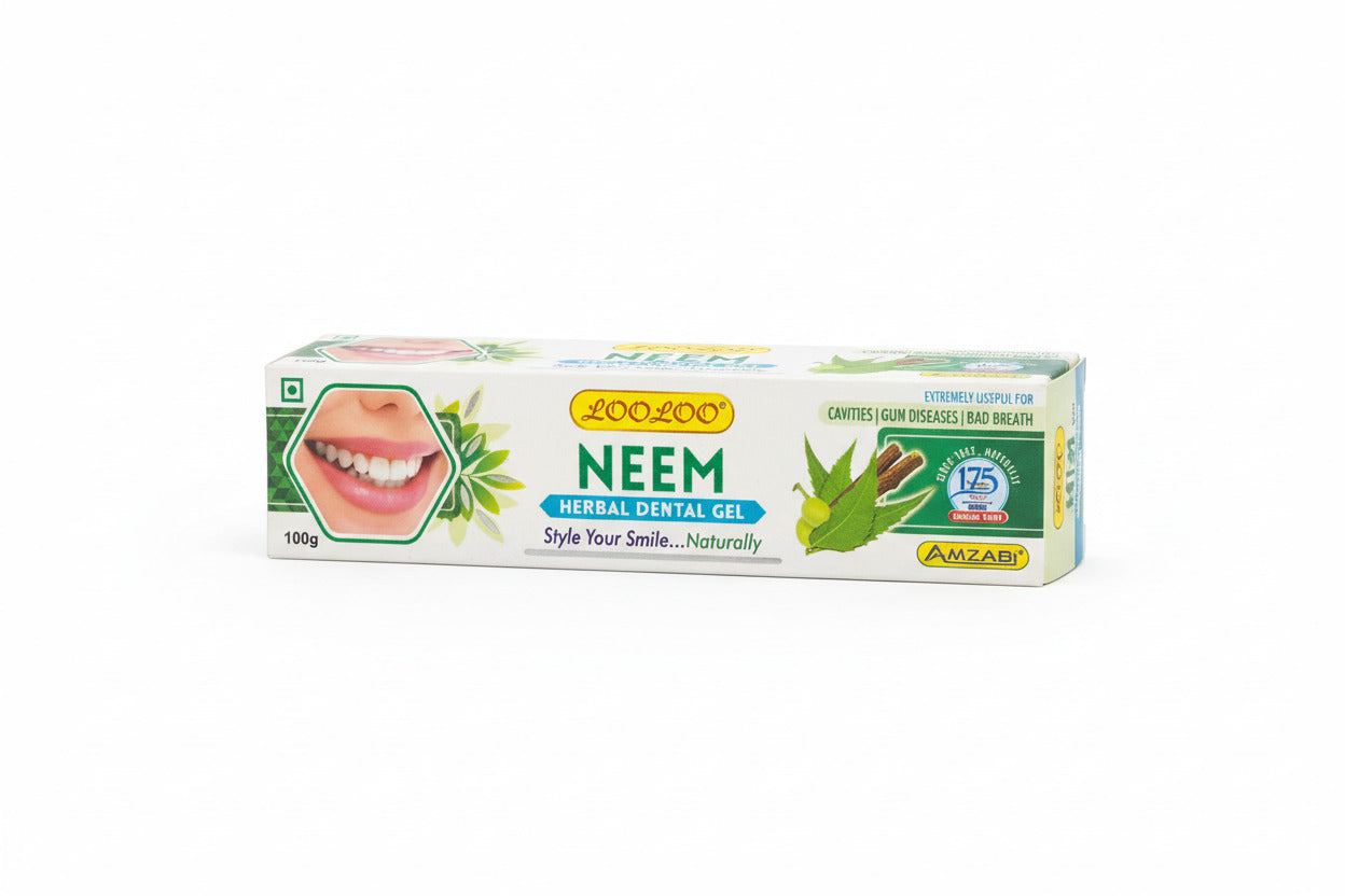 Neem herbal dental gel packaging on a wooden surface