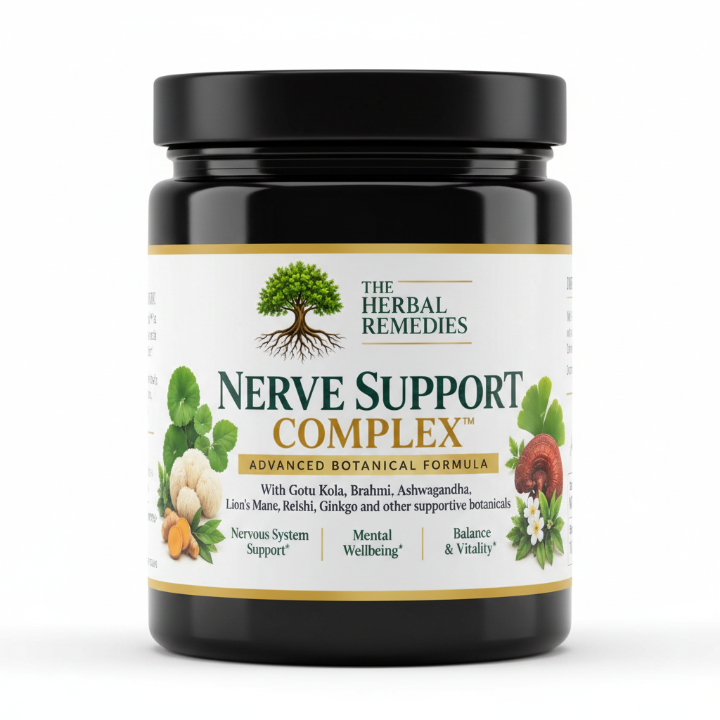 The Herbal Remedies Nerve Support Complex dietary supplement label, showing the front and back packaging with botanical illustrations of roots, herbs, and fruits on a white background.
