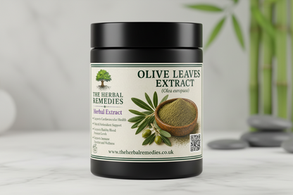 Olive leaves extract with a wooden bowl of green powder, olive tree illustration, and text about health benefits on a beige background.