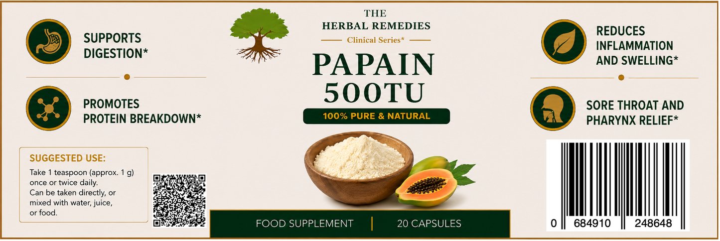 Herbal remedies label for Papain 500TU with text and images on a beige background