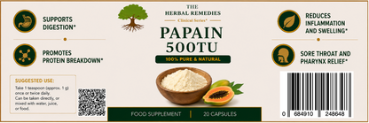 Herbal remedies label for Papain 500TU with text and images on a beige background