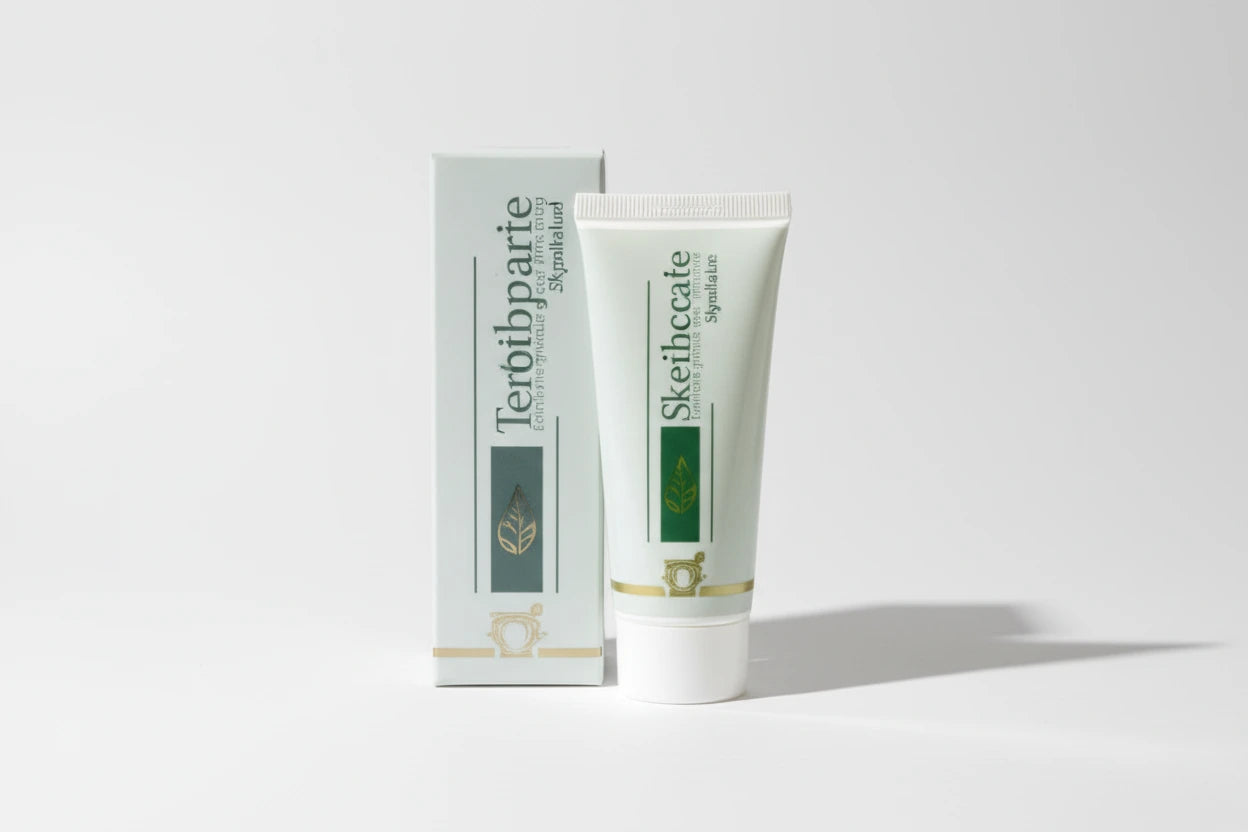 Tube of cream with a green label on a white background